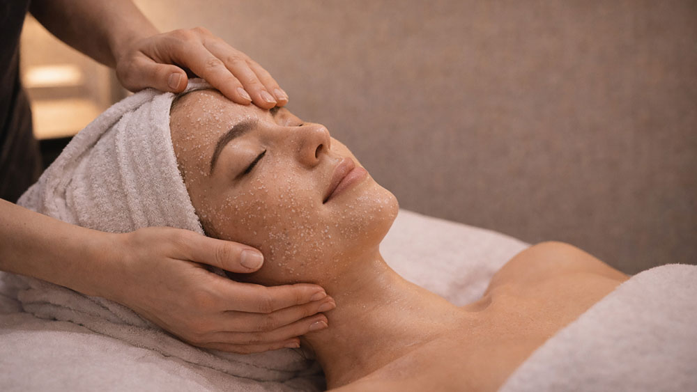 Cosmetic facial exfoliation treatment Belgrade hotel room, therapist applying gentle exfoliation with fingertips on female client skin