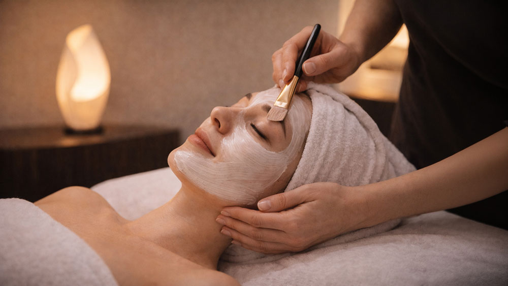 Cosmetic facial mask application Belgrade hotel room, therapist applying skincare mask with brush on female client face
