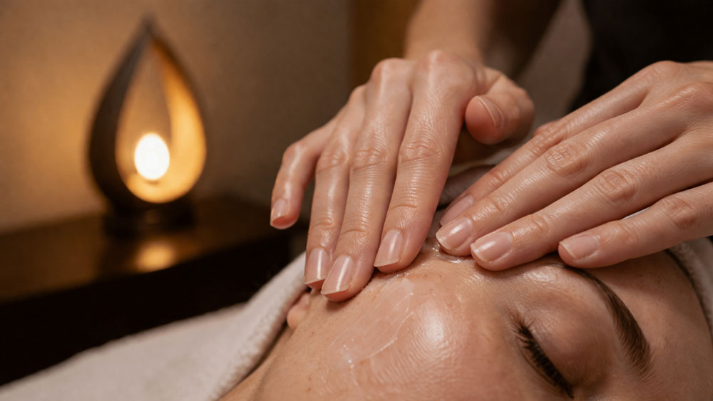 Cosmetic skincare close up Belgrade hotel room, therapist applying product with gentle controlled motion on client skin