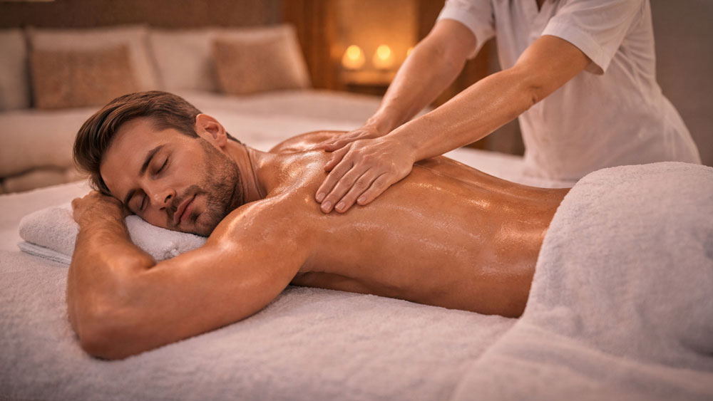 Lomi Lomi Hawaiian massage in Belgrade hotel room, male client receiving forearm massage on back by female therapist, warm ambient lighting, in-room service