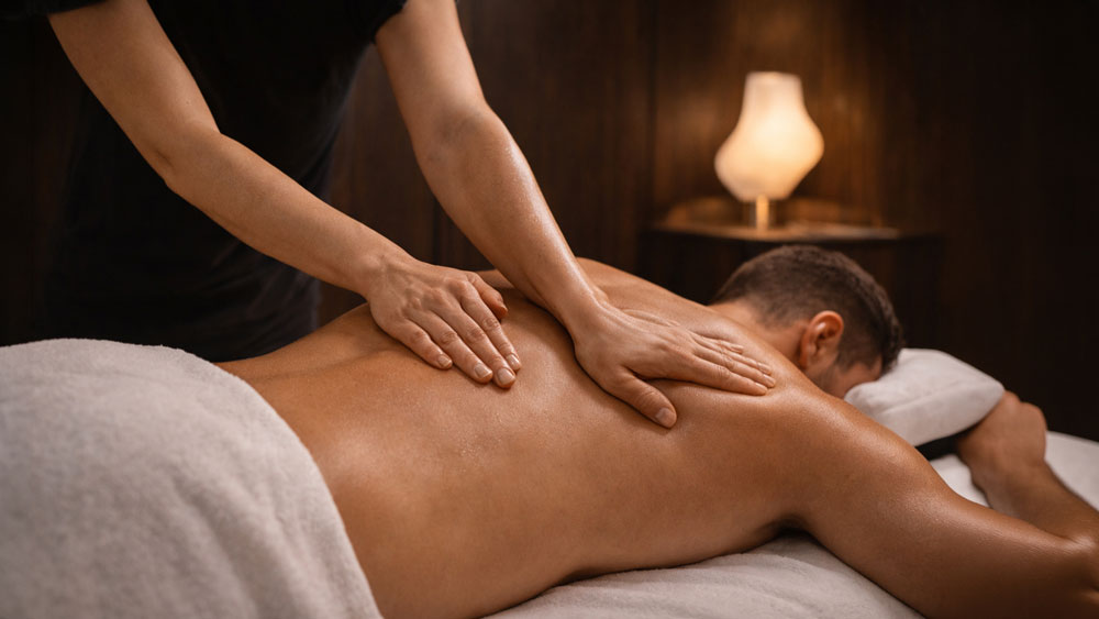 Massage mix back treatment Belgrade hotel room, female therapist combining deep pressure and gliding technique on male client back