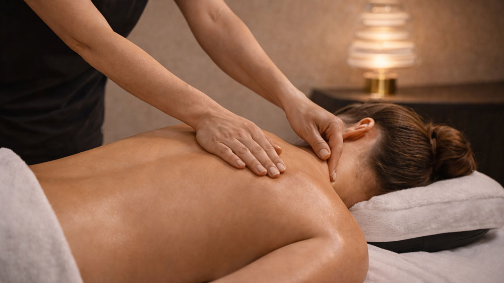 Massage mix neck and shoulder treatment Belgrade hotel room, female therapist combining pressure and stretch technique on female client