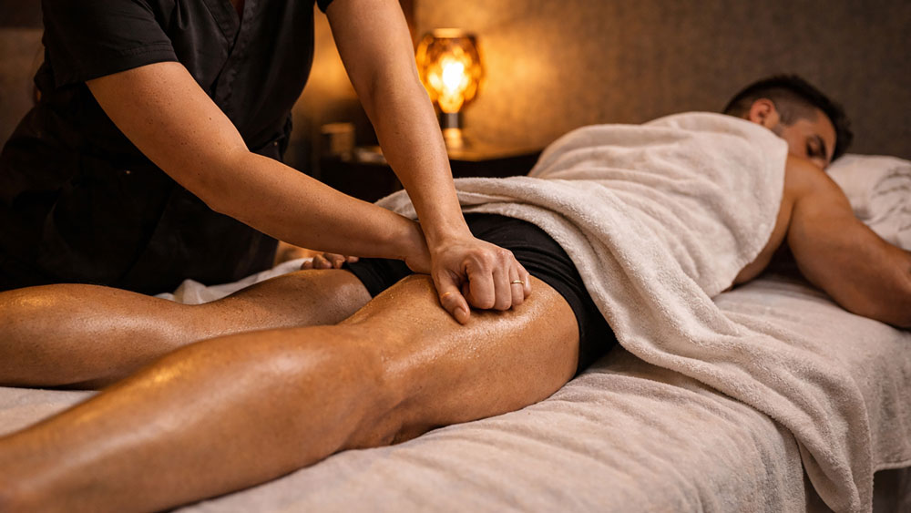 Hamstring sports massage Belgrade hotel room, female therapist applying deep elbow pressure on male client leg muscles