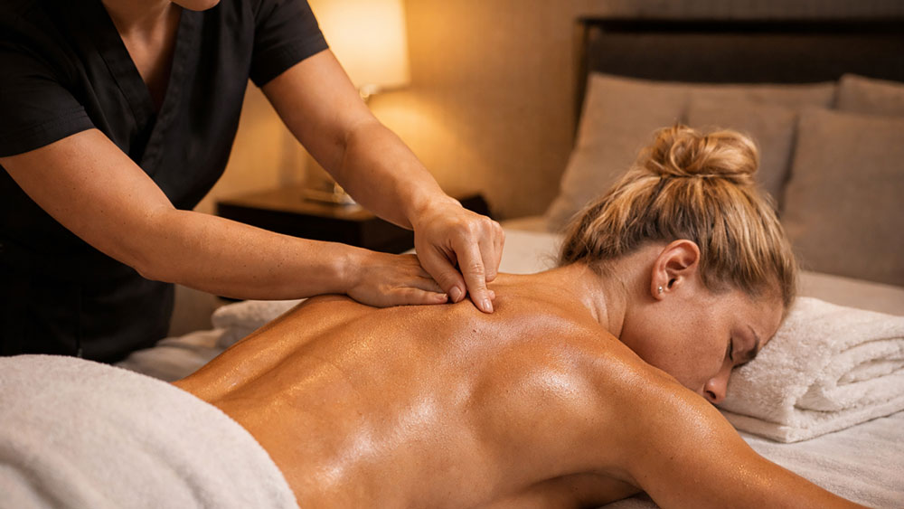 Trigger point shoulder massage Belgrade hotel room, female therapist applying precise thumb pressure on trapezius muscle of female client