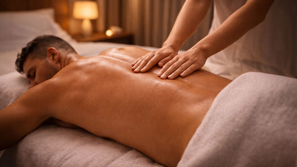 Swedish massage in Belgrade hotel room, female therapist performing long gliding strokes on male client back with warm ambient lighting