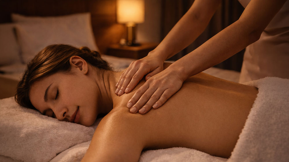 Close-up Swedish massage in Belgrade hotel room, female therapist performing smooth strokes on client back with warm golden lighting