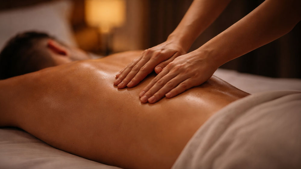 Close-up Swedish massage in Belgrade hotel room, female therapist performing smooth gliding strokes on client back with warm ambient lighting