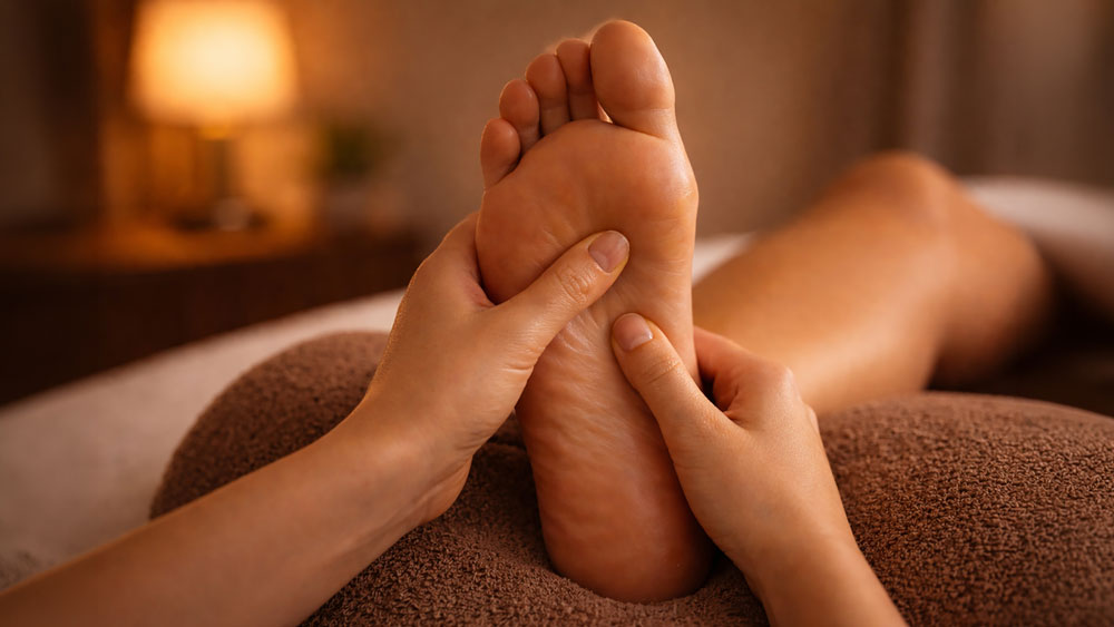 Swedish massage in Belgrade hotel room, female therapist performing diagonal gliding strokes on male side body and lower back with warm ambient lighting