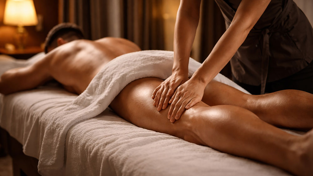 Swedish massage in Belgrade hotel room, female therapist performing rhythmic compression and gliding on male hamstrings with warm ambient lighting