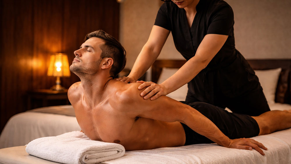 Thai massage back stretch Belgrade hotel room, female therapist performing controlled spine extension on male client