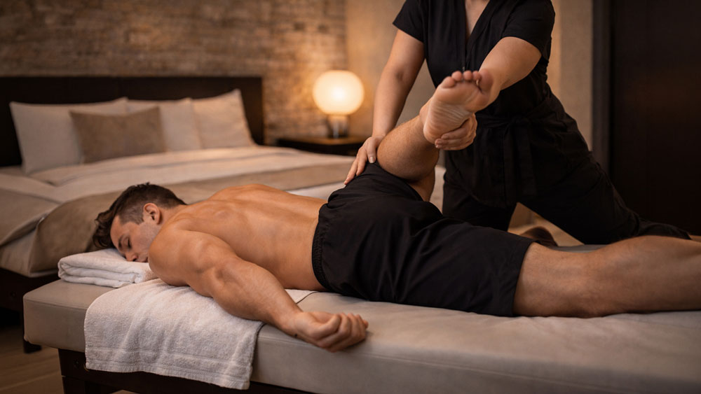 Thai massage hip and glute stretch Belgrade hotel room, female therapist performing controlled leg rotation stretch on male client