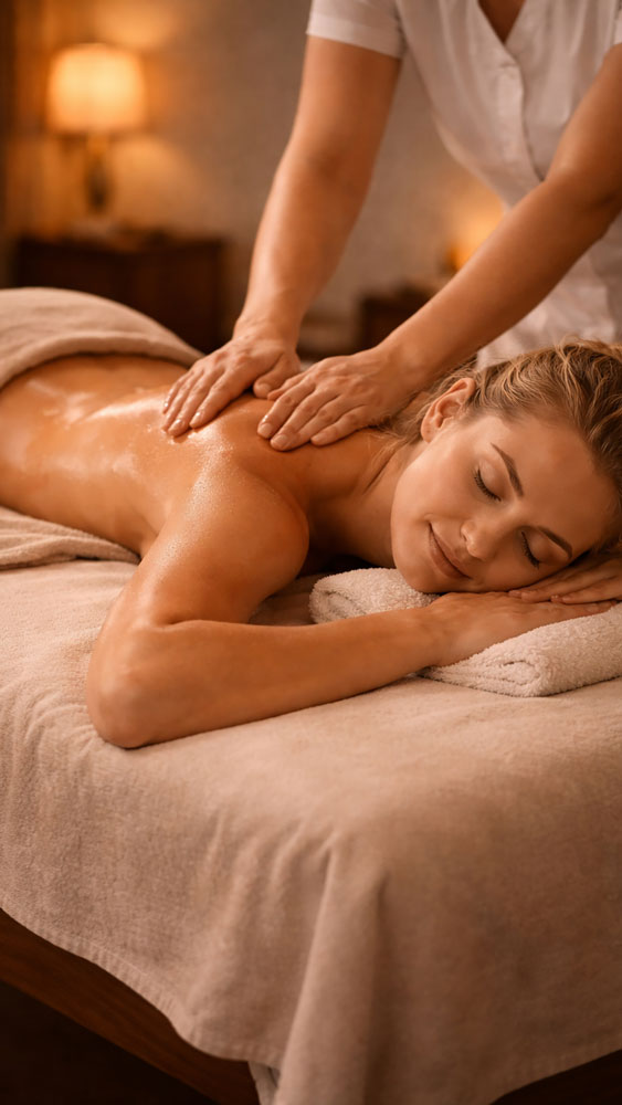 Therapeutic massage targeting lower back pain in hotel room