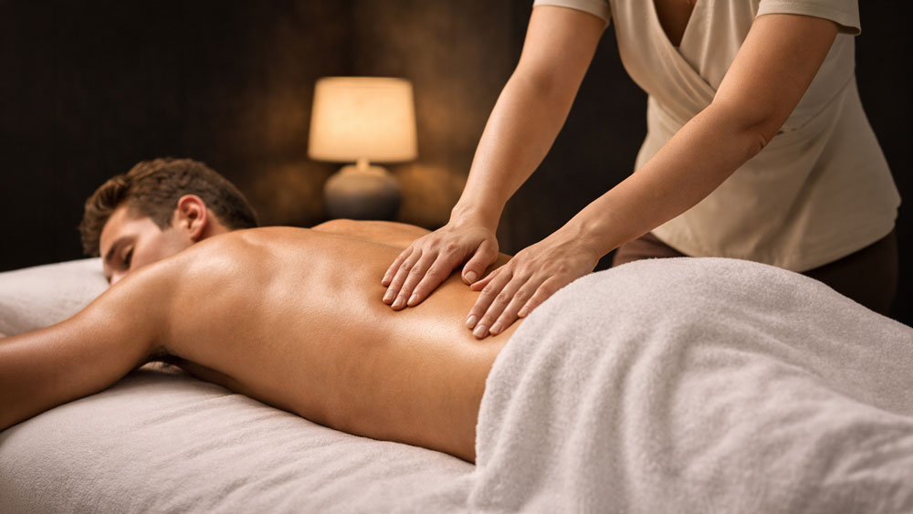 Therapeutic lower back massage Belgrade hotel room, female therapist applying controlled palm pressure on lumbar muscles of male client