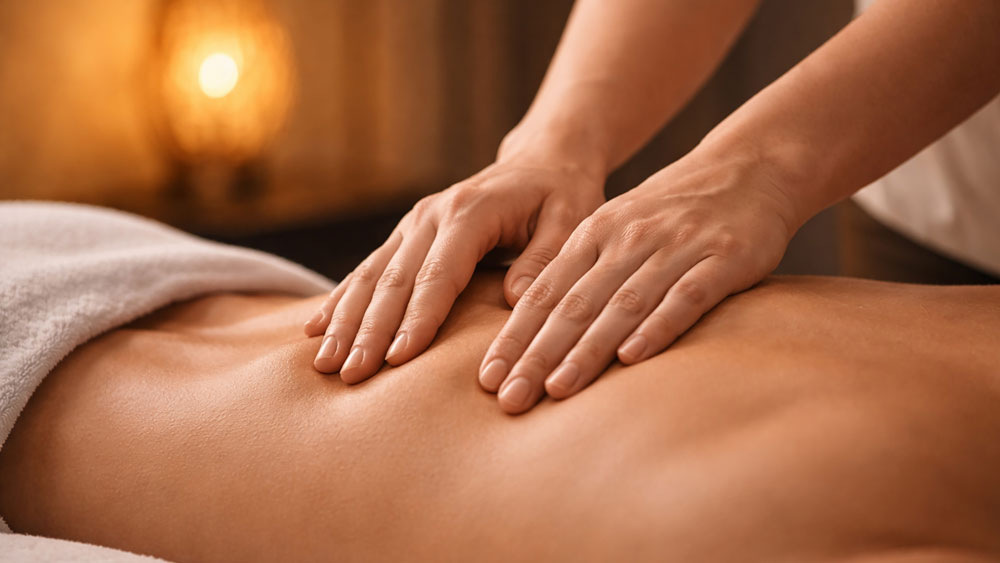 Therapeutic massage close up Belgrade hotel room, therapist hands applying slow controlled pressure on muscle tissue